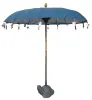 Product image 1 of the product “Bali umbrella , blue 2 with wooden coins and gold leaves hanging around the edge. Approx. 230cm dia. and 250cm height ”